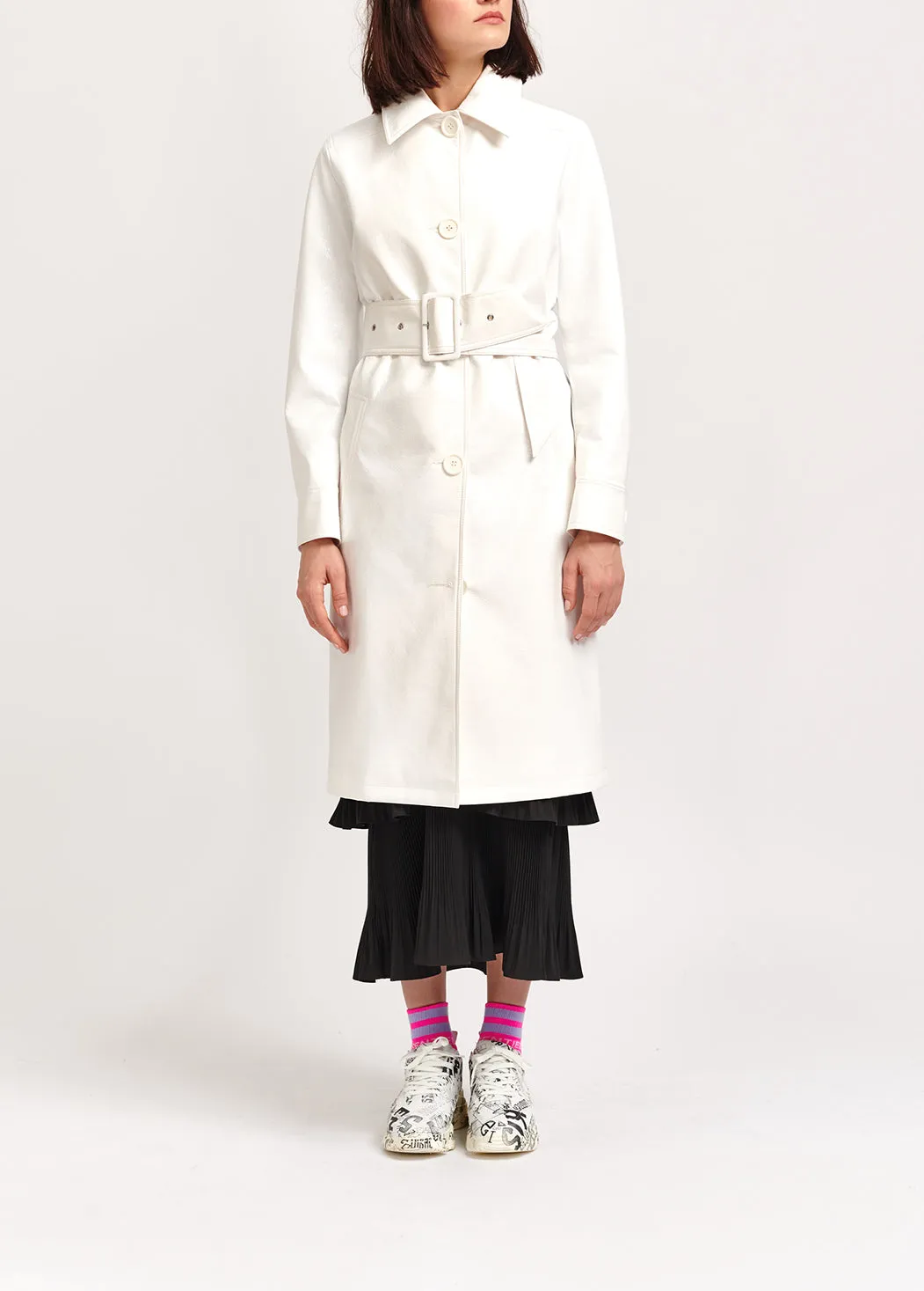 Off-white faux patent-leather trench coat