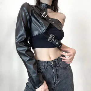 One Shoulder Black Cropped Faux Leather Jacket