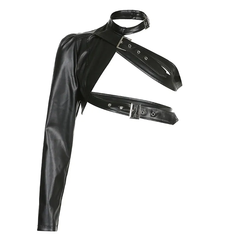 One Shoulder Black Cropped Faux Leather Jacket