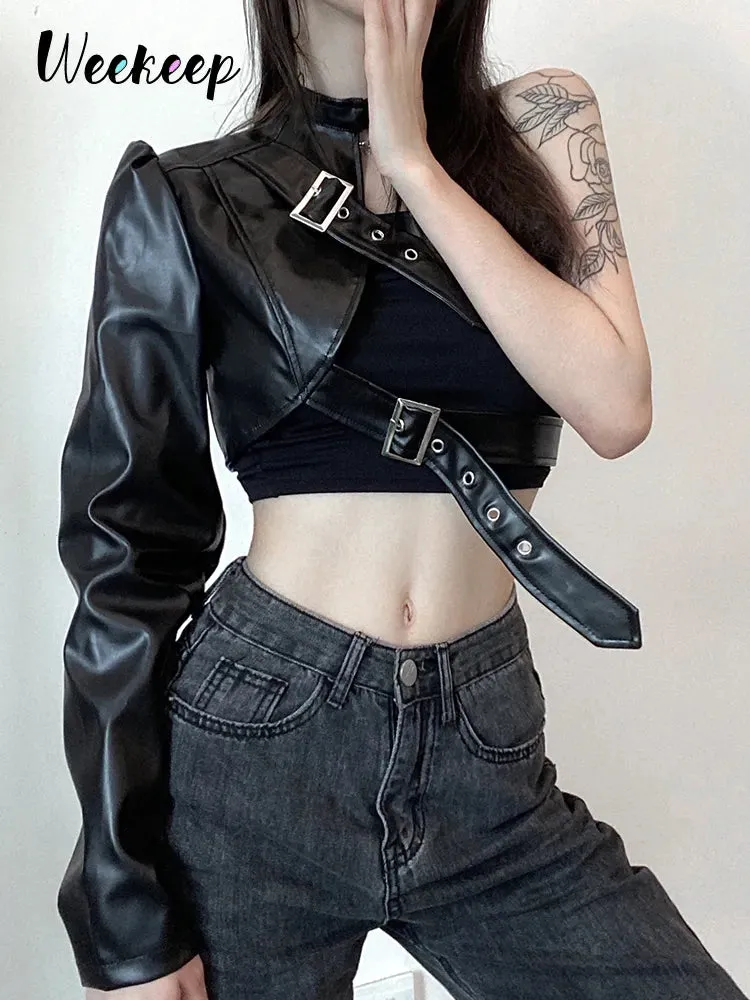 One Shoulder Black Cropped Faux Leather Jacket