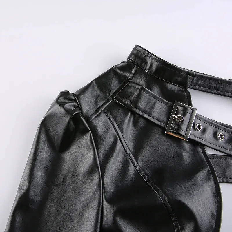 One Shoulder Black Cropped Faux Leather Jacket