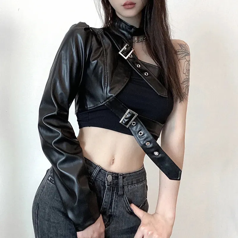 One Shoulder Black Cropped Faux Leather Jacket