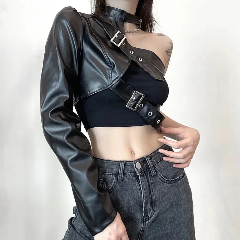 One Shoulder Black Cropped Faux Leather Jacket