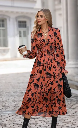Orange Floral Print Smocked Midi Dress