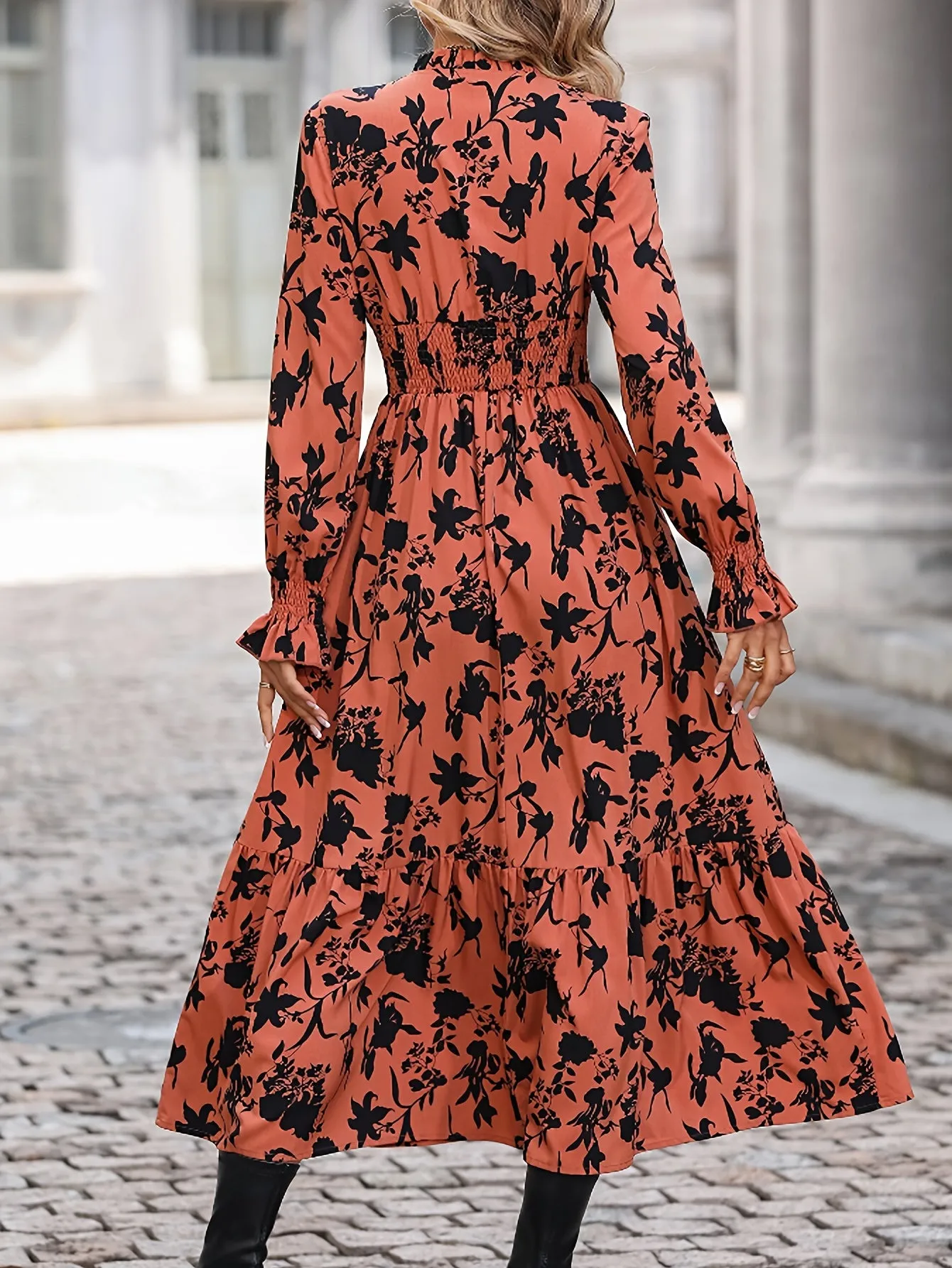 Orange Floral Print Smocked Midi Dress
