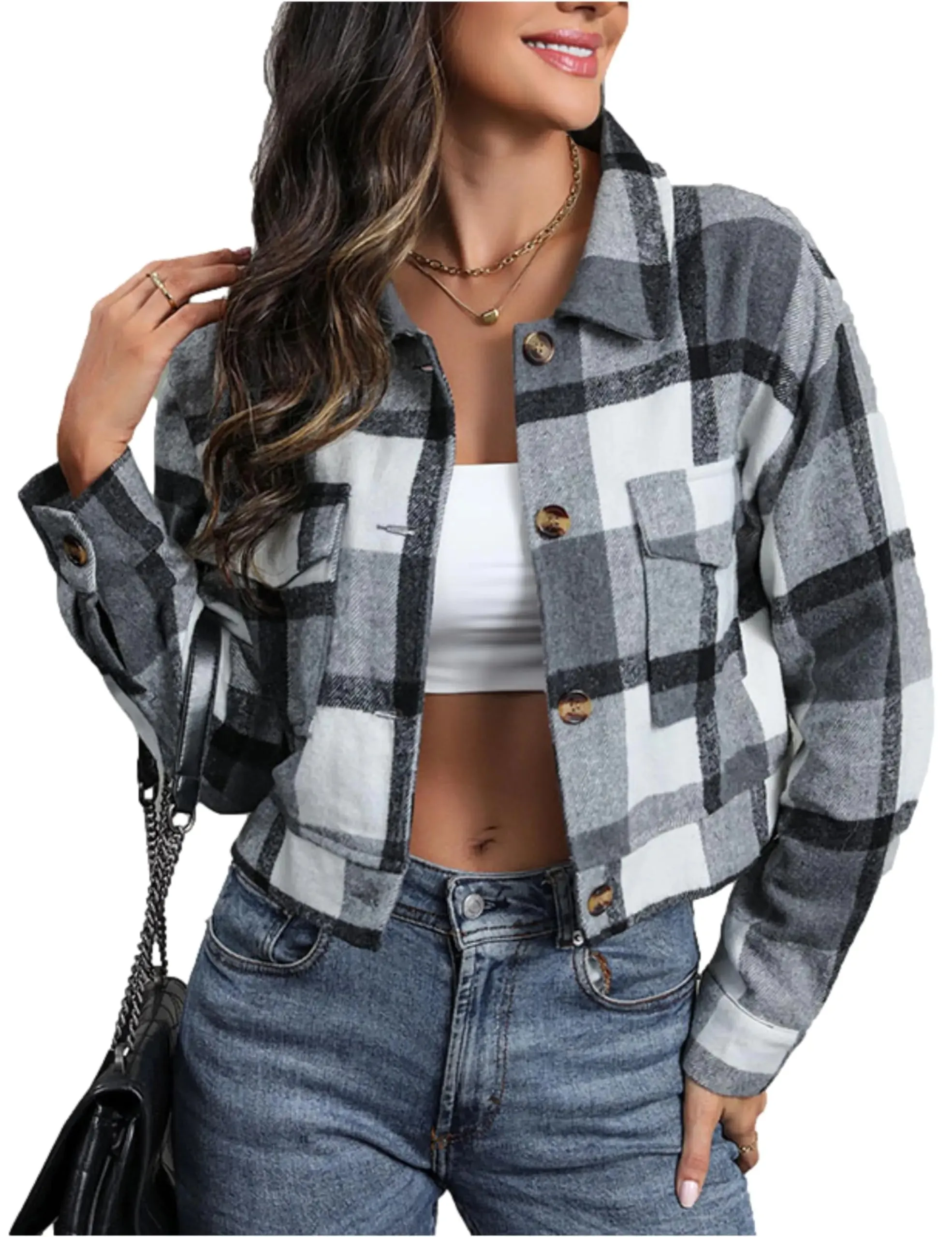 Oulivey Womens Flannel Cropped Plaid Shacket Jacket Button Down Long Sleeve Shirts Tops(0068-Grey-L)