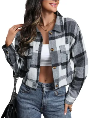 Oulivey Womens Flannel Cropped Plaid Shacket Jacket Button Down Long Sleeve Shirts Tops(0068-Grey-L)