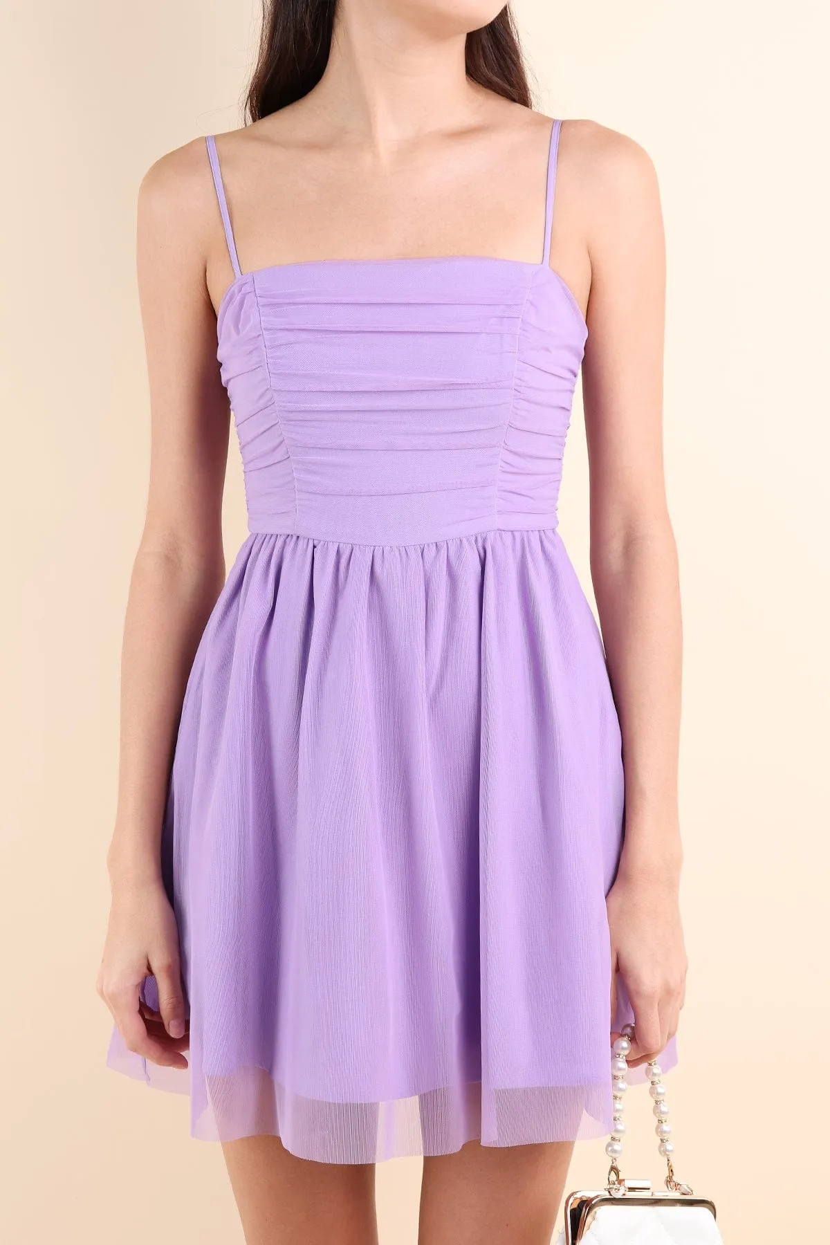 PAISLEY RUCHED MESH ROMPER DRESS IN LAVENDER
