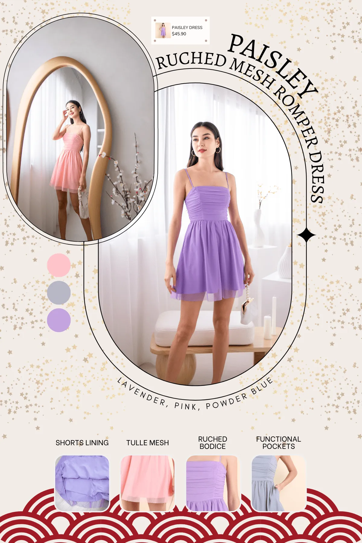 PAISLEY RUCHED MESH ROMPER DRESS IN LAVENDER