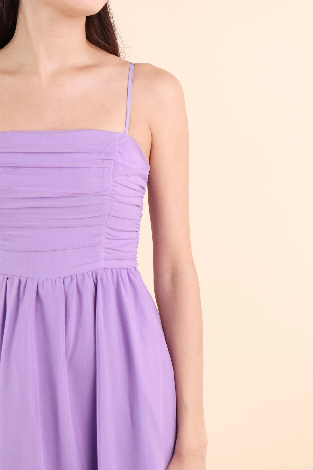 PAISLEY RUCHED MESH ROMPER DRESS IN LAVENDER