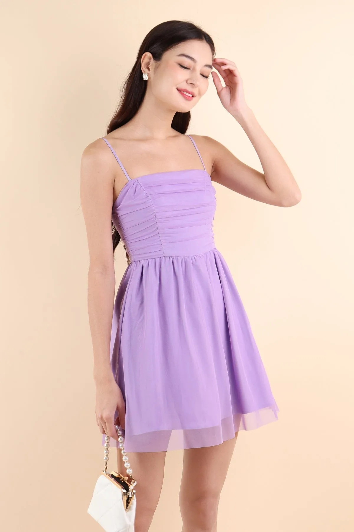 PAISLEY RUCHED MESH ROMPER DRESS IN LAVENDER