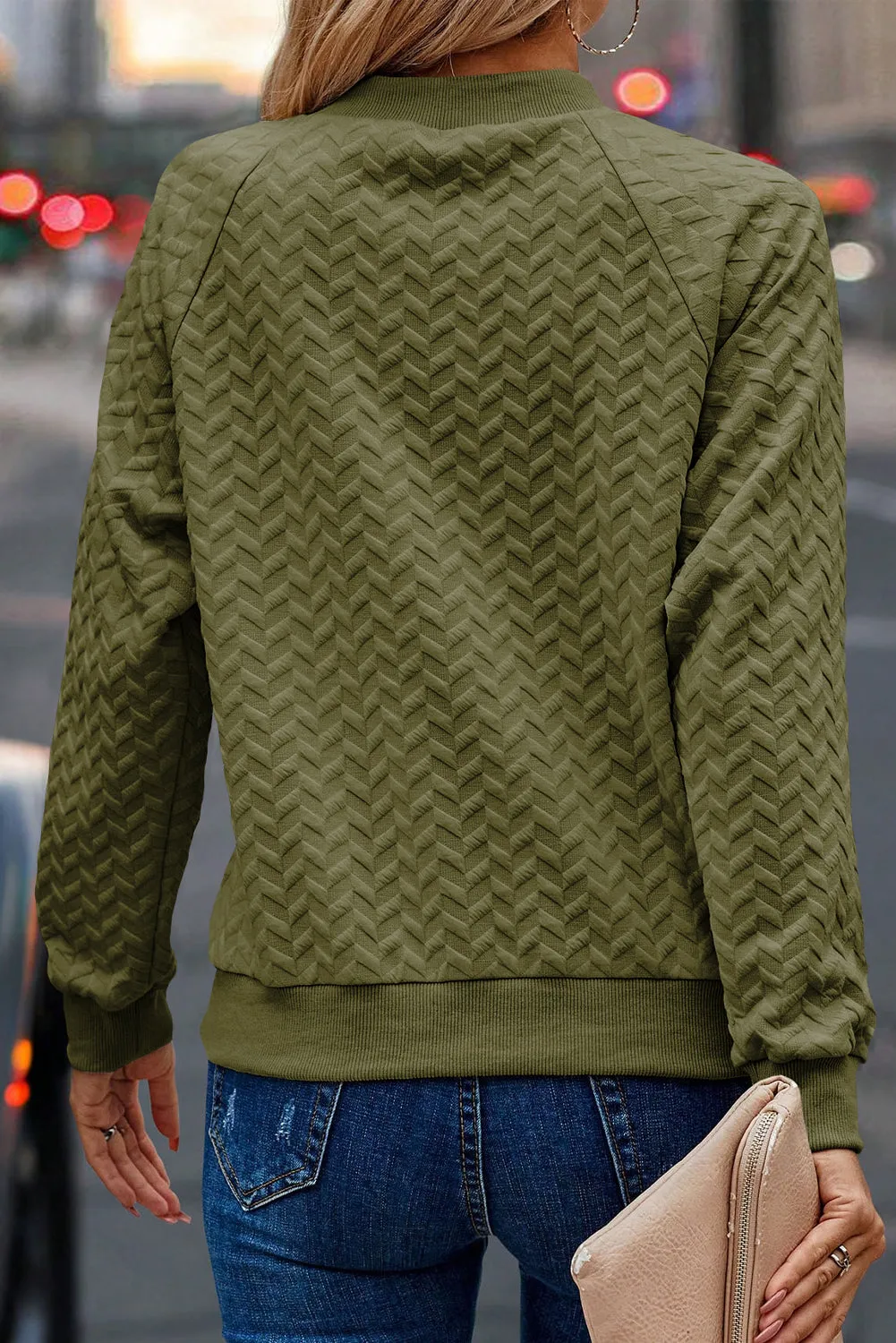 Pickle Green Solid Textured Raglan Sleeve Pullover Sweatshirt