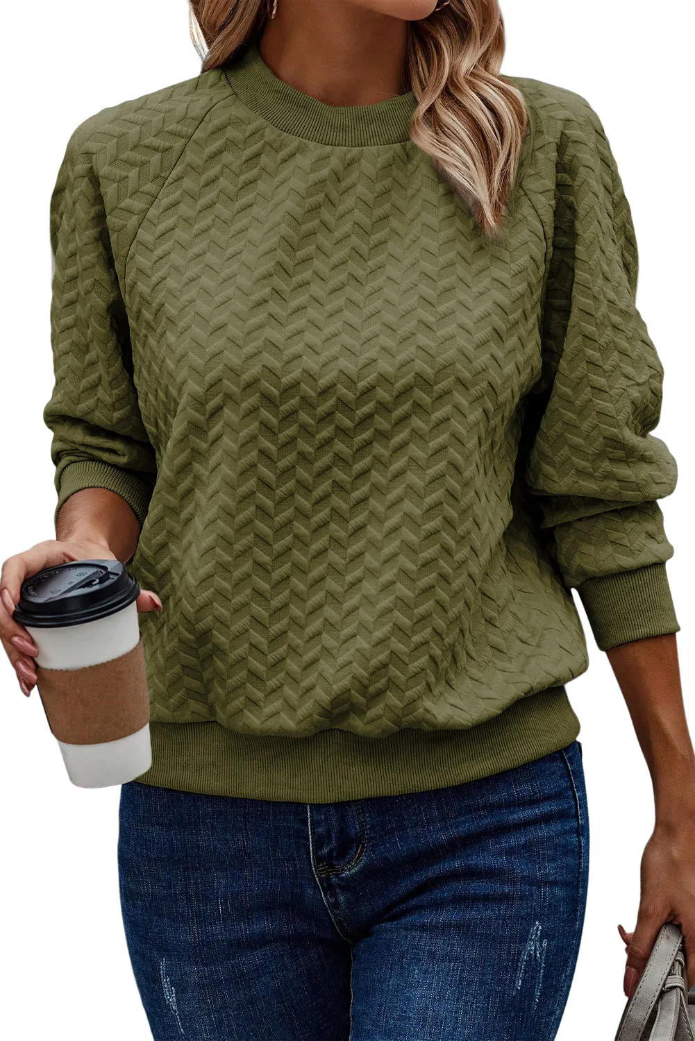 Pickle Green Solid Textured Raglan Sleeve Pullover Sweatshirt