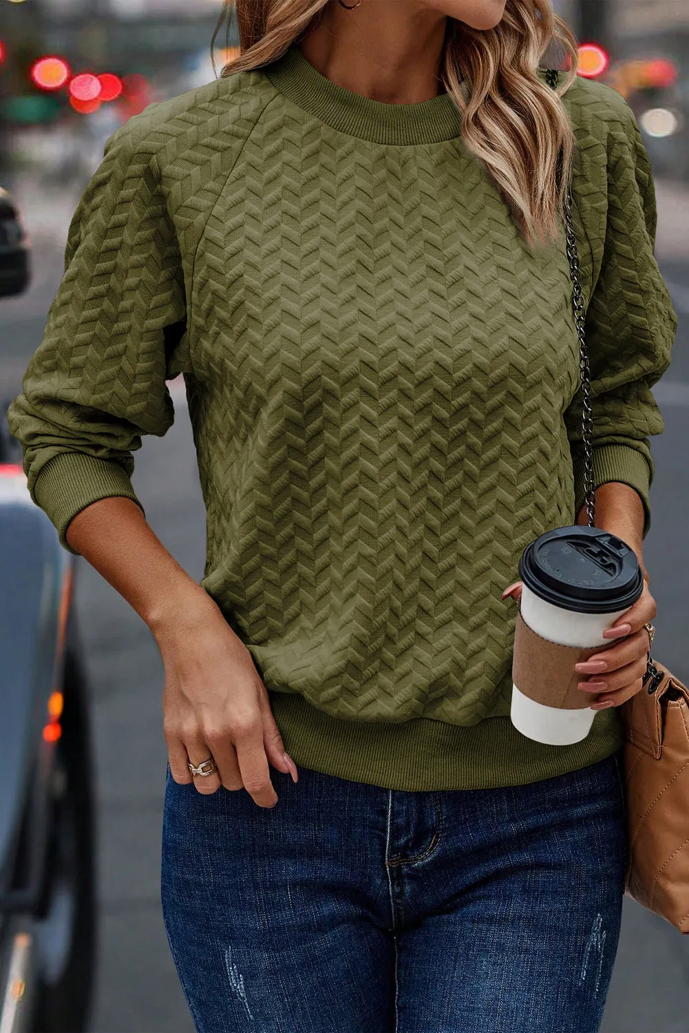 Pickle Green Solid Textured Raglan Sleeve Pullover Sweatshirt