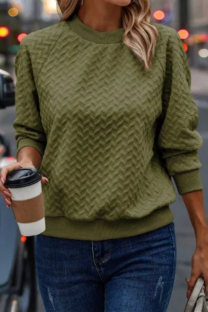 Pickle Green Solid Textured Raglan Sleeve Pullover Sweatshirt