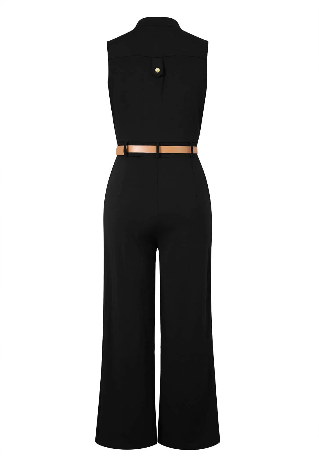 Pink Queen Womens Jumpsuits Black Sleeveless Stand Collar Belt Jumpsuits Rompers