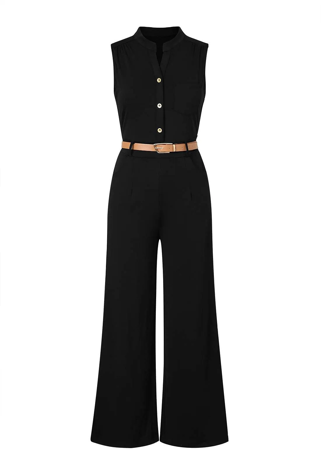 Pink Queen Womens Jumpsuits Black Sleeveless Stand Collar Belt Jumpsuits Rompers