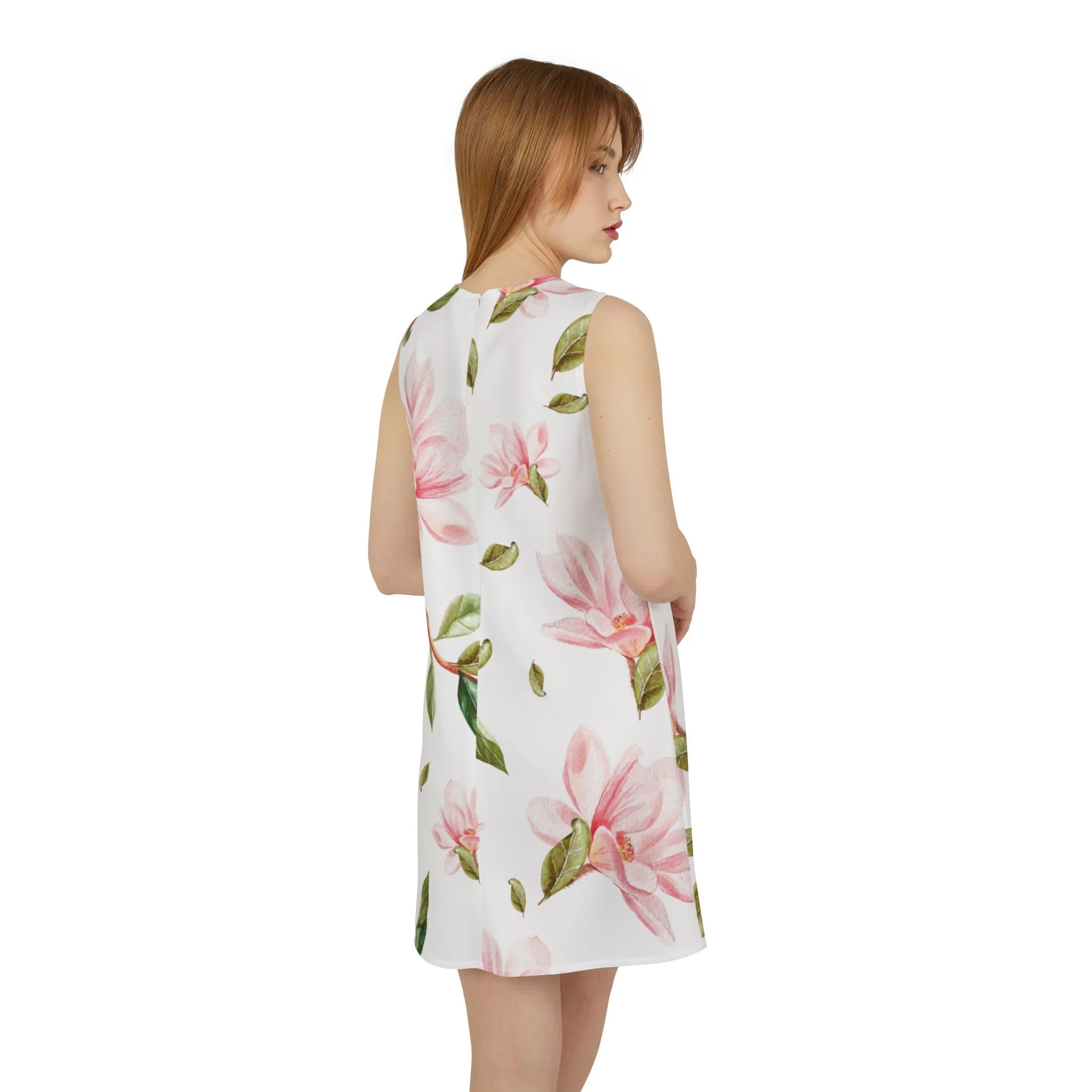 Pink White Green Floral Black A-line Sleeveless Dress