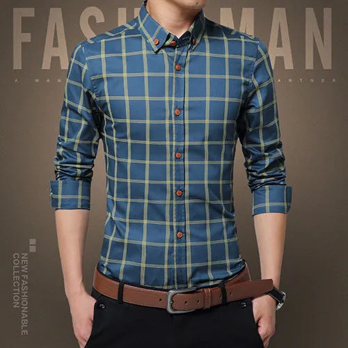 Plaid Shirt Men Fashion Casual Long Sleeve Turn-Down Slim Fit Shirt Men High Quality Cotton Mens Dress Shirts Men Clothes