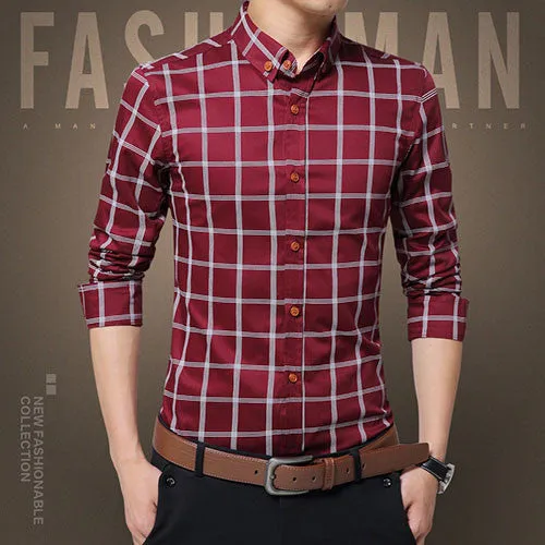 Plaid Shirt Men Fashion Casual Long Sleeve Turn-Down Slim Fit Shirt Men High Quality Cotton Mens Dress Shirts Men Clothes