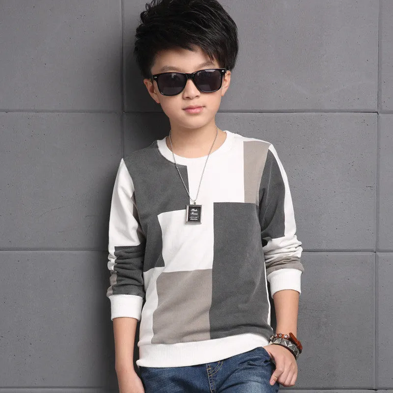 Plaid T-Shirts For Boys Clothing Children Tops 5 9 11 13 Years Long Sleeve School Boys Tees Cotton Casual Teenager Clothes