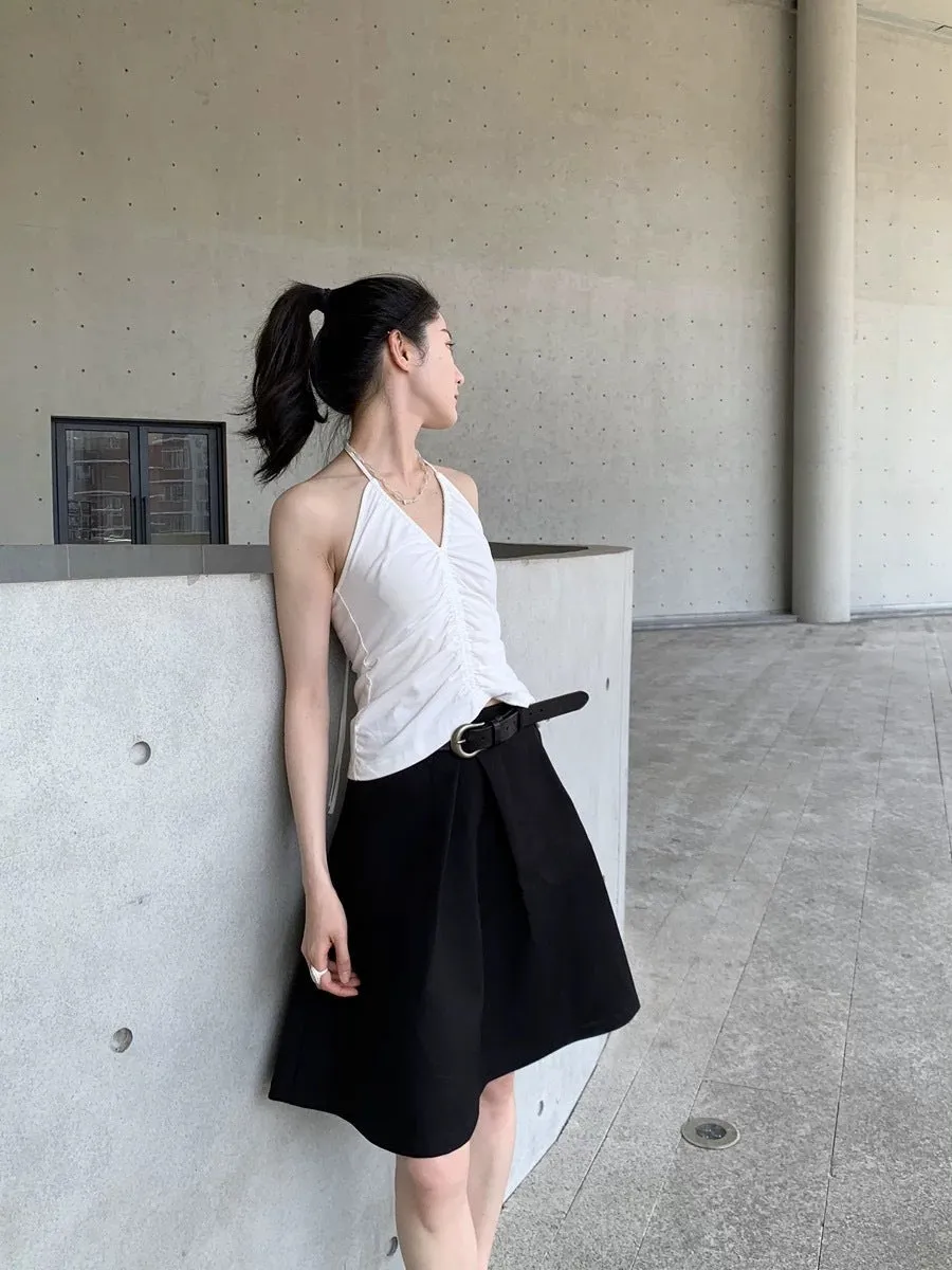 Pleated puffy black A-line skirt