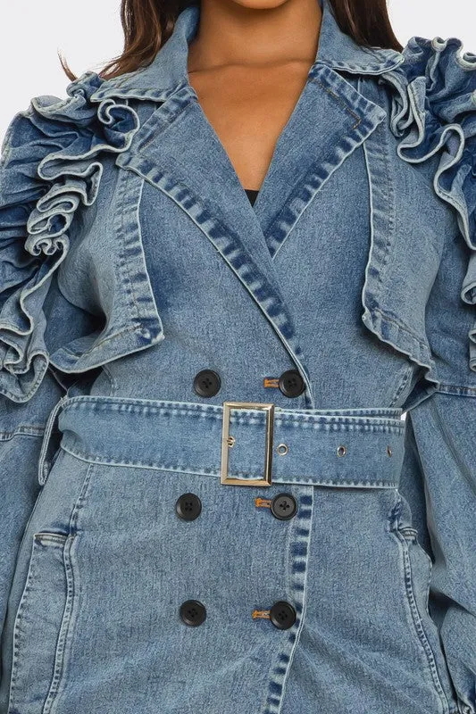 Plus Size -Ruffled Denim Trench Coat