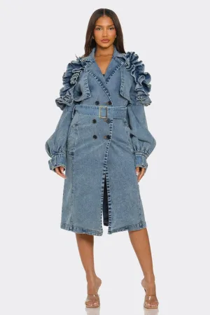 Plus Size -Ruffled Denim Trench Coat