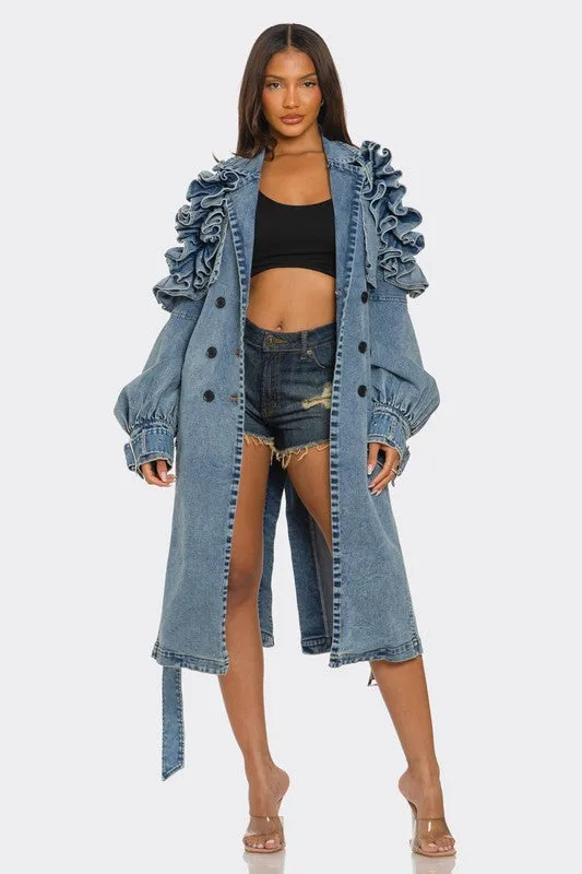 Plus Size -Ruffled Denim Trench Coat