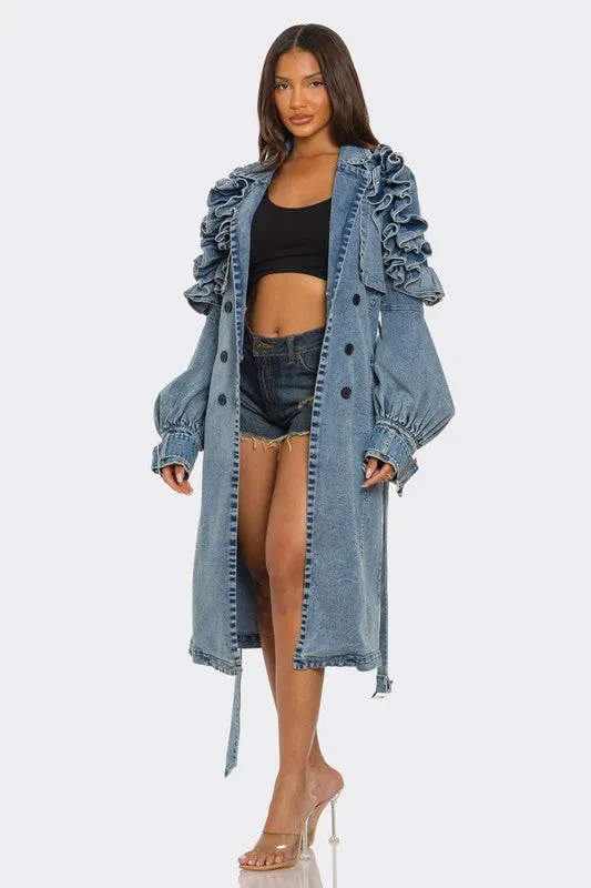 Plus Size -Ruffled Denim Trench Coat