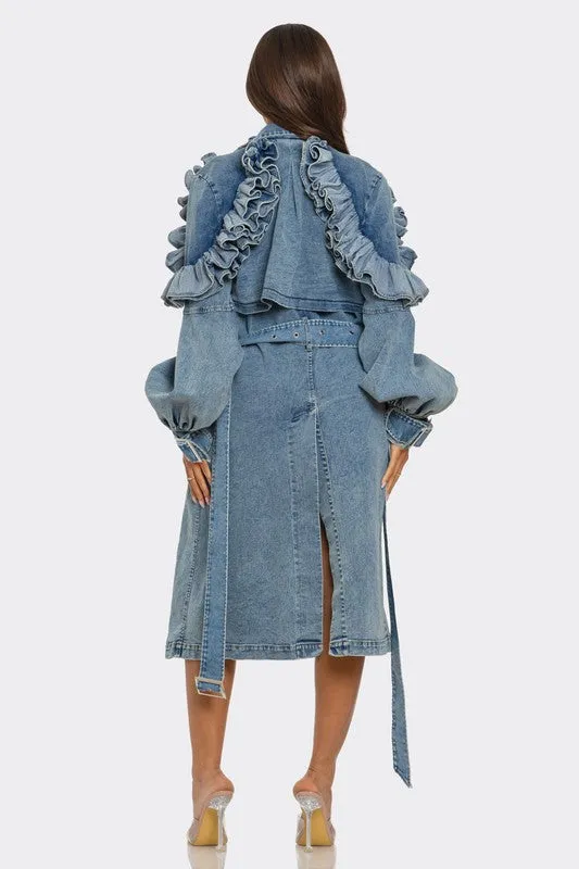 Plus Size -Ruffled Denim Trench Coat