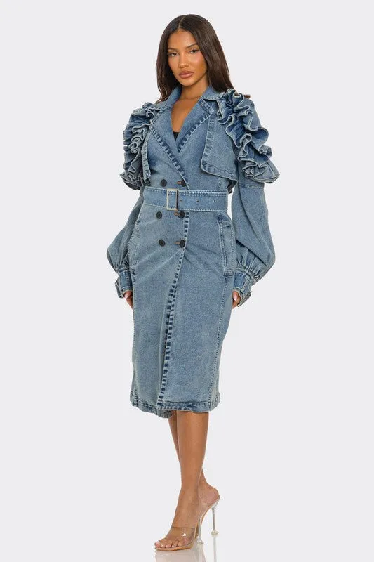 Plus Size -Ruffled Denim Trench Coat