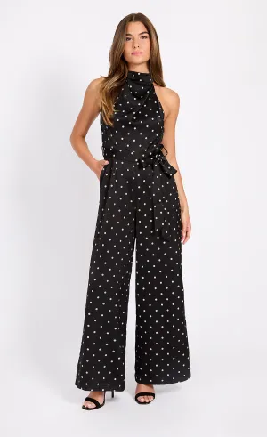 Polka Dot Satin Jumpsuit - Black