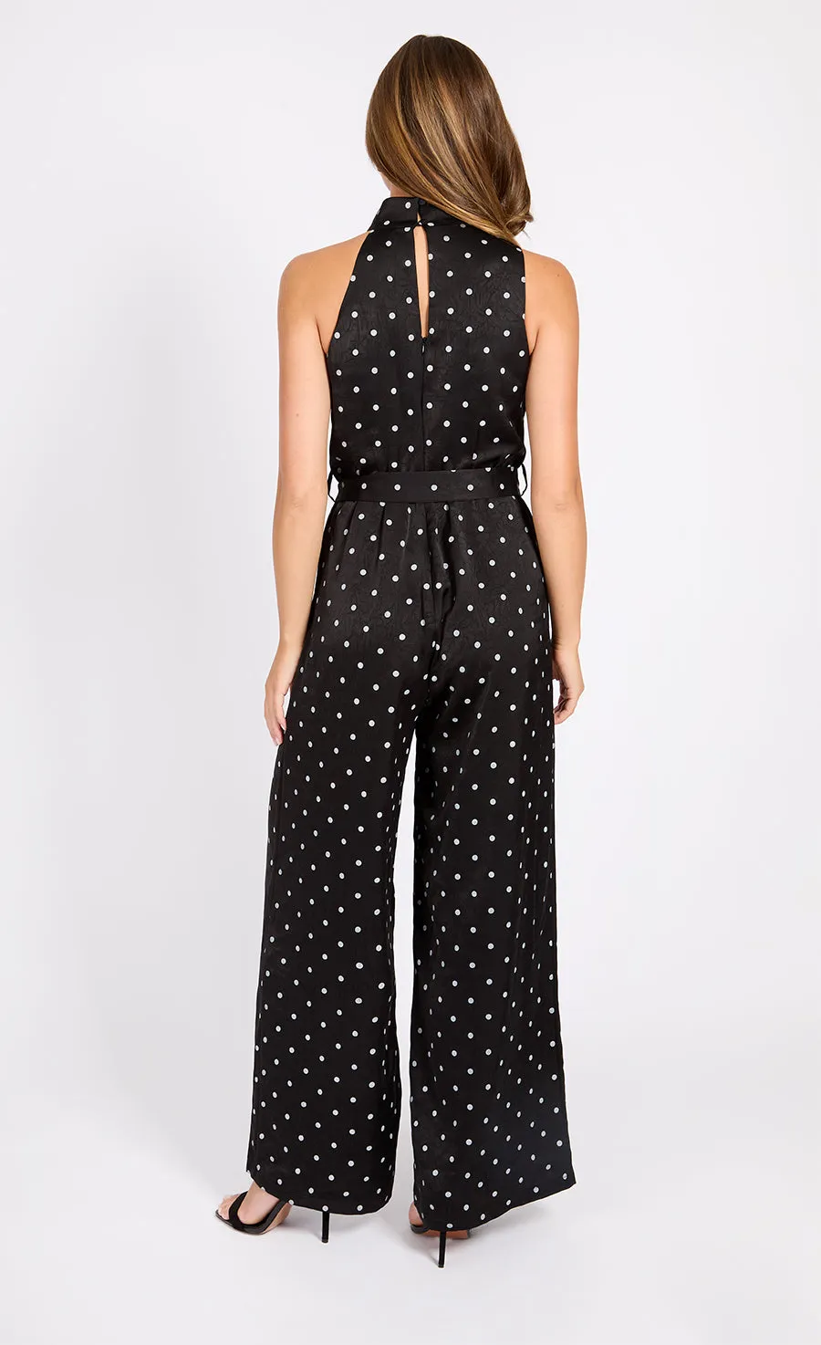 Polka Dot Satin Jumpsuit - Black
