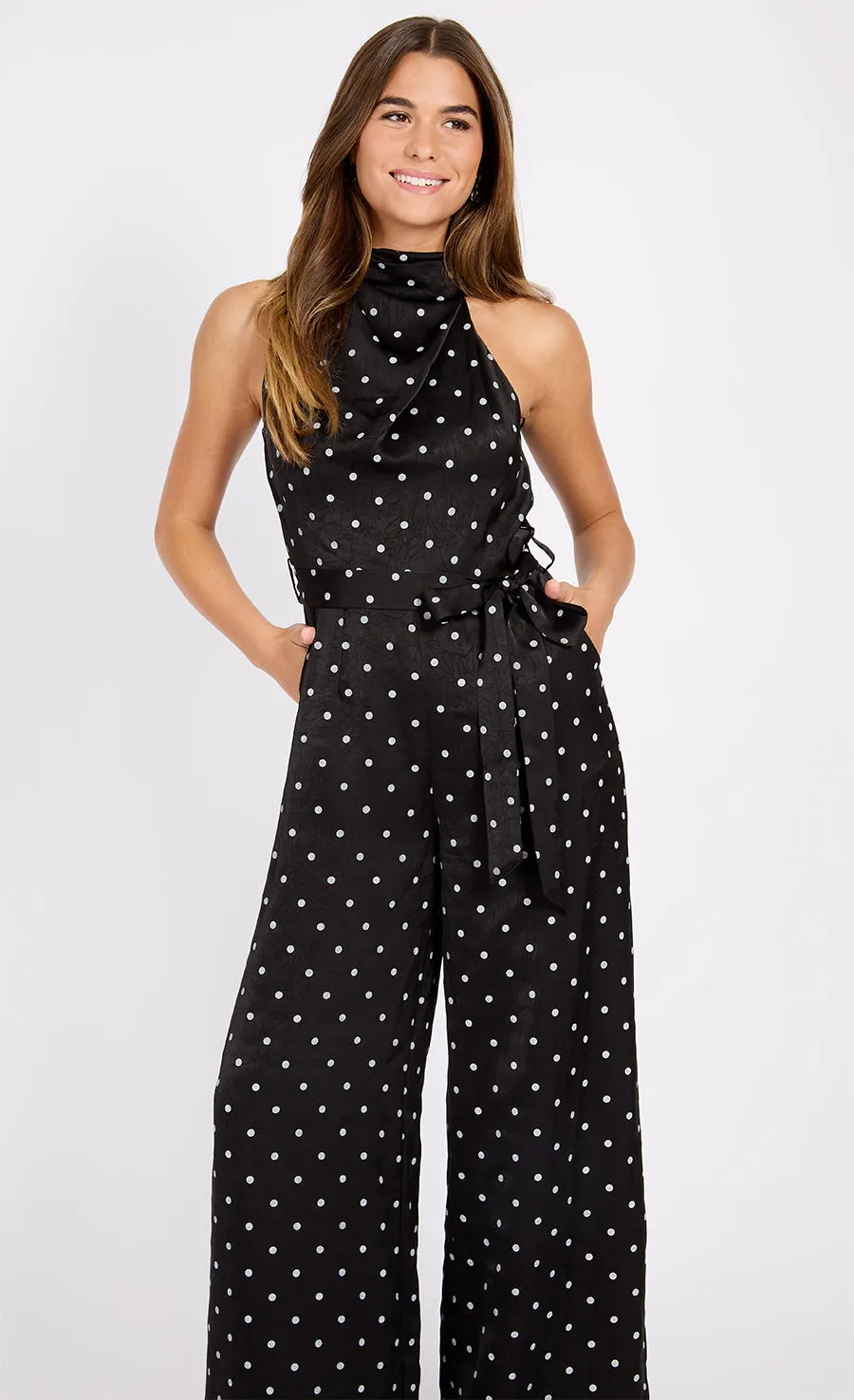 Polka Dot Satin Jumpsuit - Black