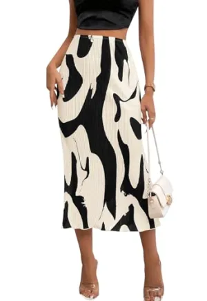 PRETTYGARDEN Women's 2024 Summer High Waist Printed A Line Pleated Skirts for Women Trendy Bodycon Midi Skirt Flared Hem