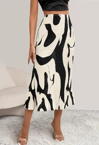 PRETTYGARDEN Women's 2024 Summer High Waist Printed A Line Pleated Skirts for Women Trendy Bodycon Midi Skirt Flared Hem