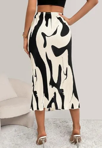 PRETTYGARDEN Women's 2024 Summer High Waist Printed A Line Pleated Skirts for Women Trendy Bodycon Midi Skirt Flared Hem