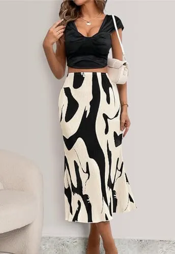 PRETTYGARDEN Women's 2024 Summer High Waist Printed A Line Pleated Skirts for Women Trendy Bodycon Midi Skirt Flared Hem