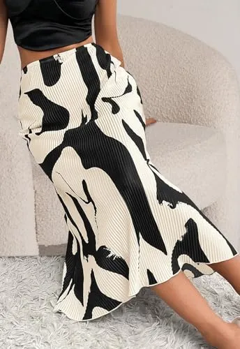 PRETTYGARDEN Women's 2024 Summer High Waist Printed A Line Pleated Skirts for Women Trendy Bodycon Midi Skirt Flared Hem