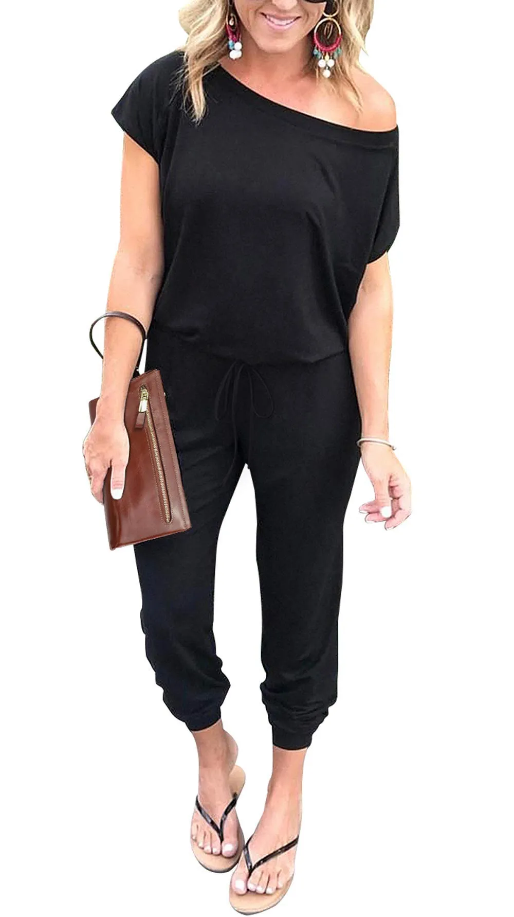 PRETTYGARDEN Women's Loose Solid Off Shoulder Elastic Waist Stretchy Long Romper Jumpsuit