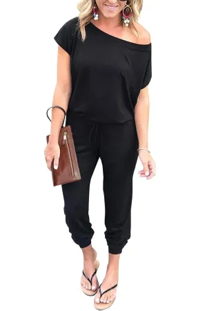 PRETTYGARDEN Women's Loose Solid Off Shoulder Elastic Waist Stretchy Long Romper Jumpsuit