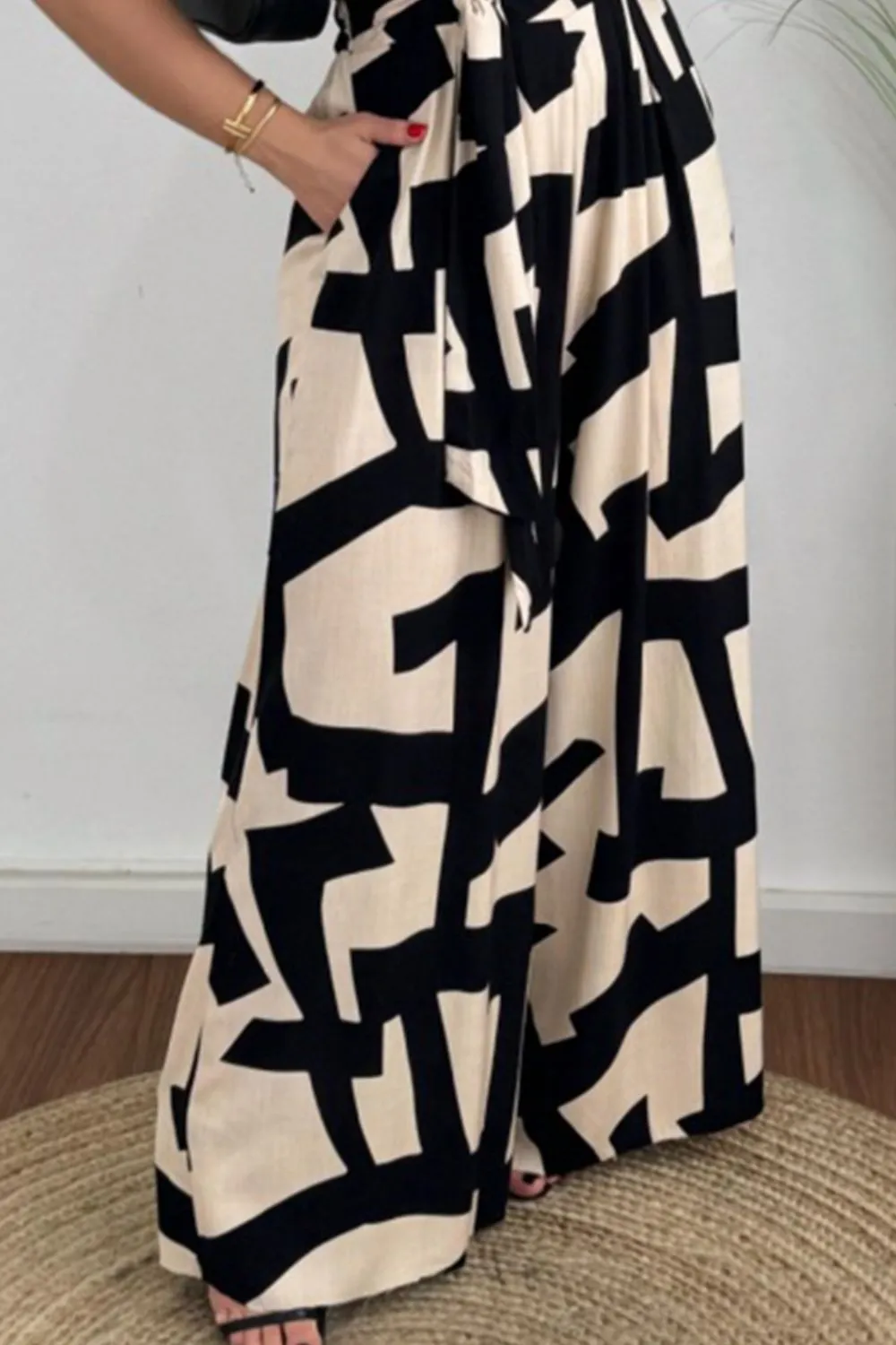 Printed Surplice Sleeveless Tie Waist Jumpsuit