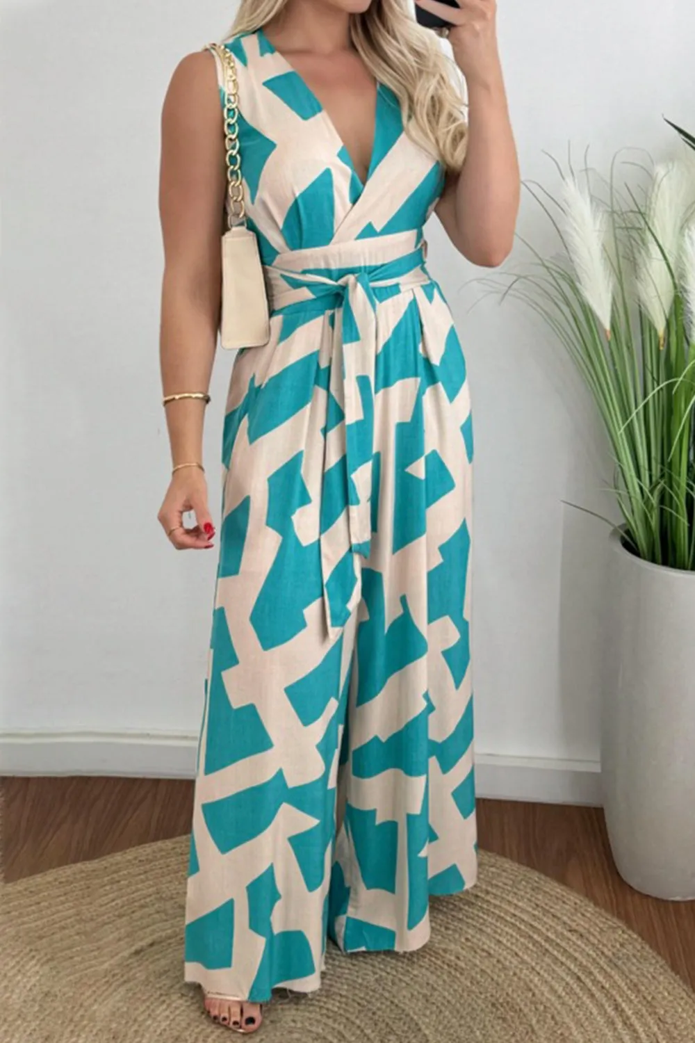 Printed Surplice Sleeveless Tie Waist Jumpsuit
