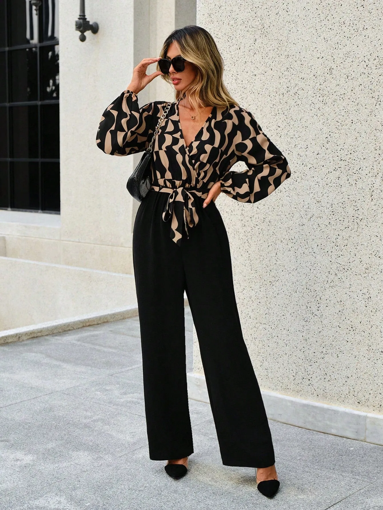 Privé Graphic Print Belted Wide Leg Jumpsuit