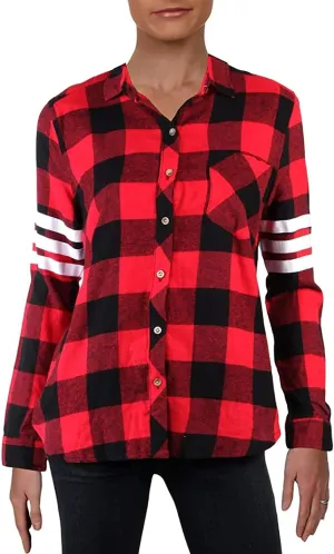 Project 28 Womens 3 Stripe Varsity Plaid Button Up Shirt, Red, Large