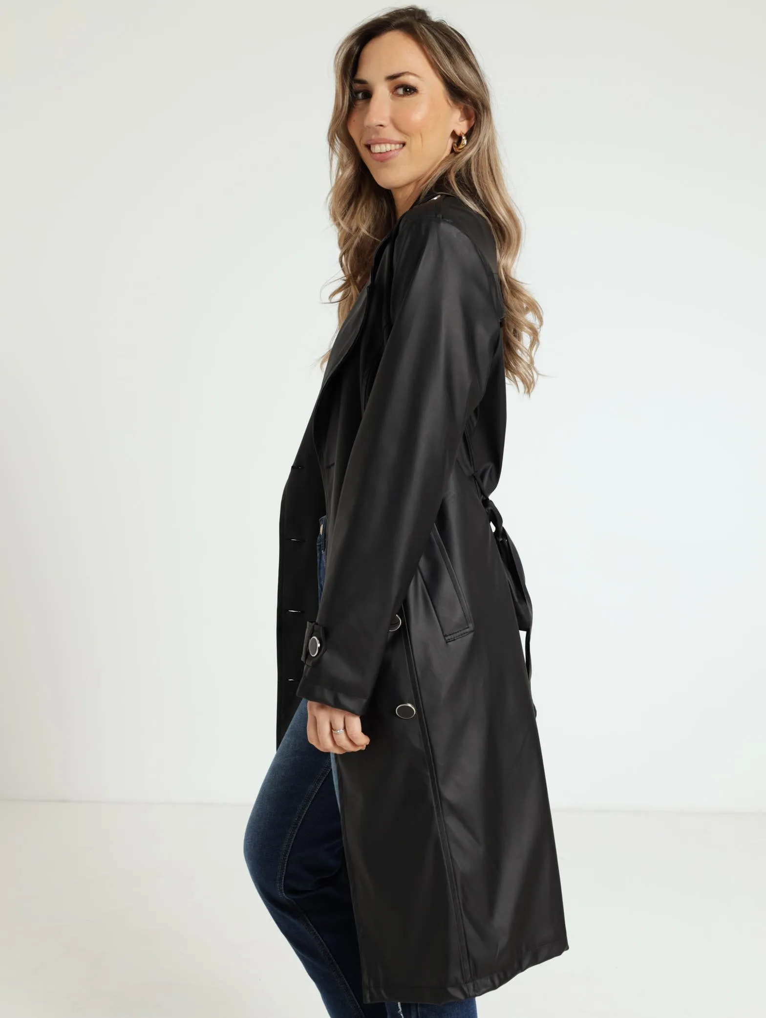 Pu Belted Trench Coat - Black