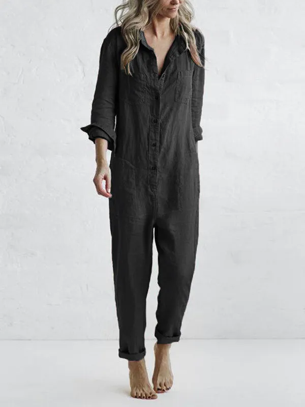 Rablo Casual Button-Up Lapel Jumpsuit