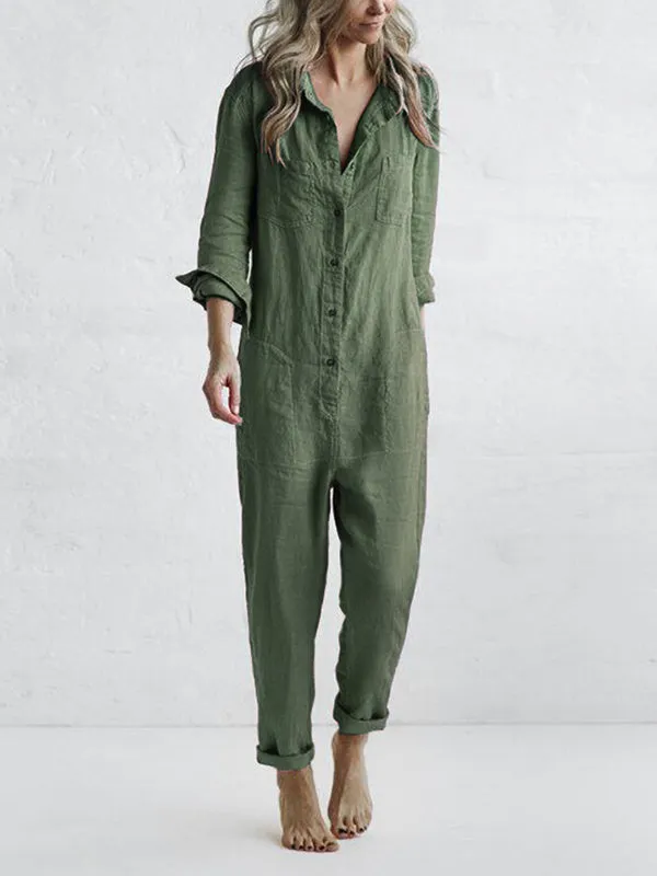 Rablo Casual Button-Up Lapel Jumpsuit