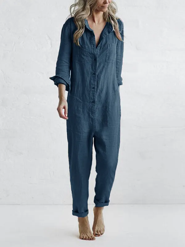 Rablo Casual Button-Up Lapel Jumpsuit